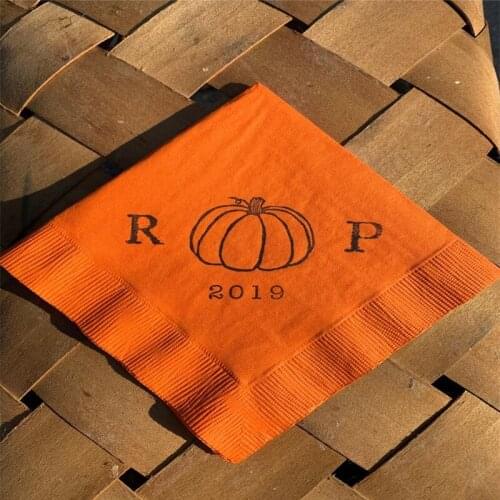 Personalized Cocktail Napkins Little Pumpkin Fall Wedding Reception Orange 3 ply Paper Autumn Halloween with initials and date