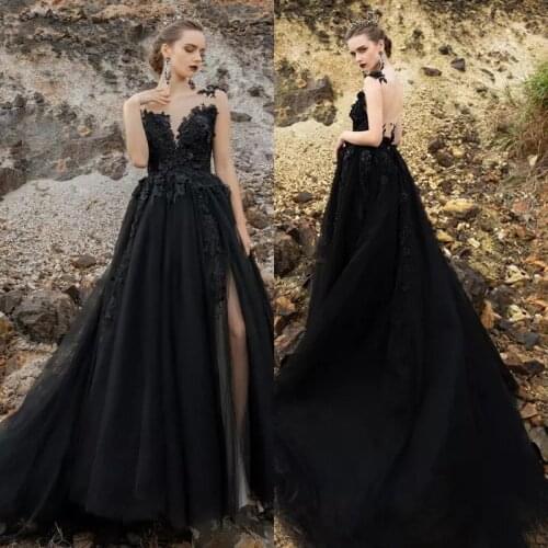 Sexy Black Gothic Wedding Dresses 2021 High Split Backless Lace Appliques Sexy Bridal Gowns Vestido De Novia Robe Mariee
