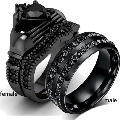 Size 8-13 His and Hers Classic Jewelry 10KT Black Gold Filled&Stainless Steel 5A Cubic Zirconia CZ Women Men Wedding Couple Ring