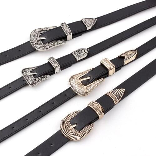 Black PU Leather Belts for Women Vintage Antique Silver Gold Double Carved Metal Pink Buckle Waist Belt Dress Jeans Waistband