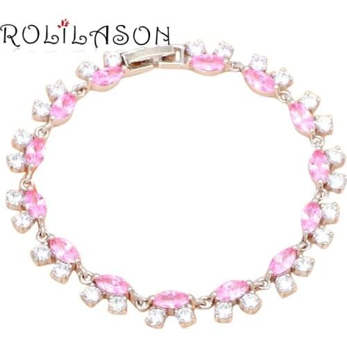 ROLILASON Beautiful Pink Crystal Zircon Trendy Style Silver Wholesale Retail Charm Bracelets Zircon Fashion jewelry TBS948