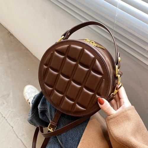 Luxury Small Chocolate Grid Round Crossbody Bags for Women 2021 New Female Designer Shoulder Handbags Vintage Pu Leather Purses
