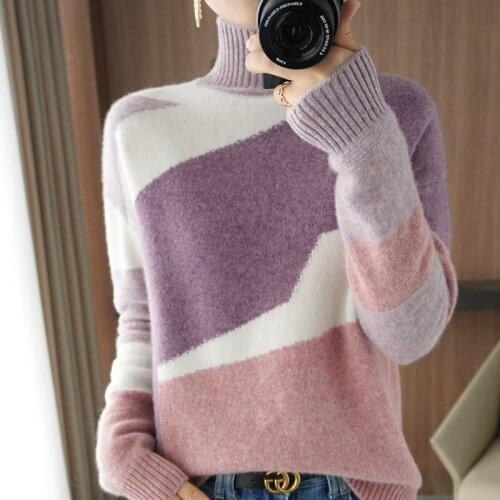 Autumn and Winter New Sweet color matching 100% Pure Wool Sweater half turtleneck Pullover knitted Cashmere Sweater for Women
