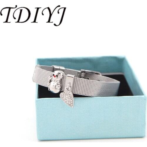 TDIYJ Gift Box Snowman Heart Dangle Collection Charms DIY Stainless Steel Mesh Bracelet For Christmas 1Set