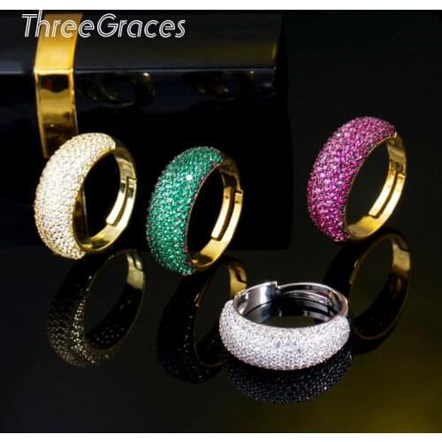 ThreeGraces Top Quality Micro Pave Red Green Cubic Zircon Women 585 Gold Adjustable Big Round Rings Engagement Jewelry RG137