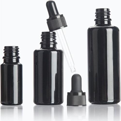 Screen printing 10/15/20/30/50/100ml Essential Oil Bottles Black Shiny Black Screw Press Dropper Cover Caps With Glass Pipette