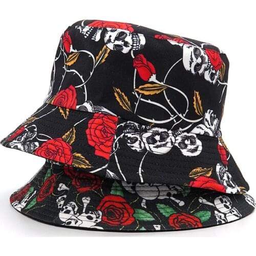 2021 Vintage Panama Fishermant Hat Women Men Harajuku Skull Rose Print Bucket Hat Women Men Reversible Fishing Cap