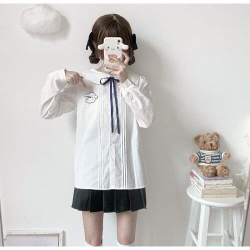 Jk Bow Tie Long-Sleeved Womens Shirt Soft Sweet Preppy Style Top Summer Cute Puppy Embroidered Peter Pan Collar Blouse Female