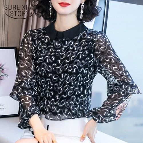 Spring Autumn Korean Chiffon Women Shirts Long Sleeve OL Temperament Women Blouses and Tops Fashion Print Hollow Female 8107 50