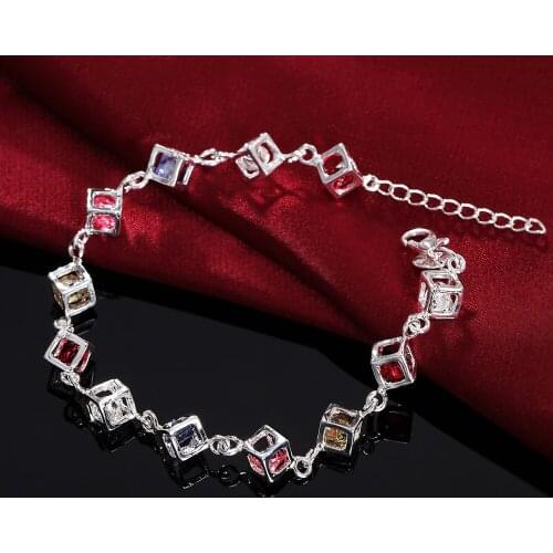 Hot fine Colored zircon lattice chain 925 sterling silver Bracelet for woman Luxury brands jewelry Wedding party Christmas gifts