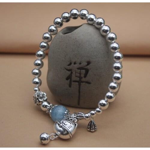 Sterling S925 Silver Bracelet Womens Silver Smooth Round 6mm Luck Cat Bell Link Tassel 16cmL/6.3inchL Chain Bracelet