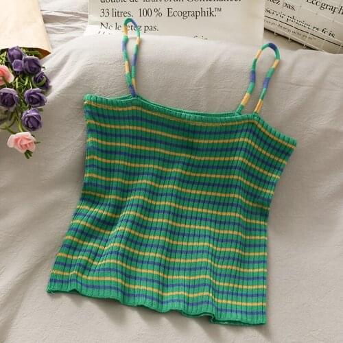 Women Summer Stripes O-Neck Knitted Top Women Plain Crop Tops Straps Camis Top For Women Female Crop Tops