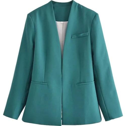 2021 New Women Fashion Office Wear Collarless Blazer Coat Vintage Long Sleeve Welt Pockets Female Outerwear Chic Veste