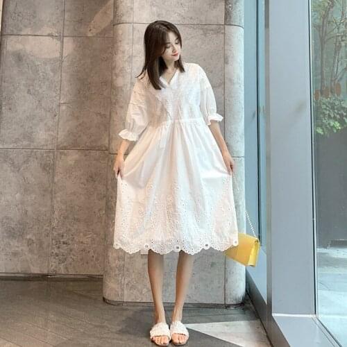 Plus Size Women Dress Temperament 2021 Summer New V-Neck Mid-Length Lace Dress Very Fairy French Ethereal White Lace Long Skirt