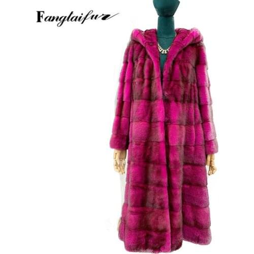 Fang Tai Fur 2019 Winter Women Import Velvet Mink Fur Coat Wave Cut With Fur Hood Mink Coats Womens X-Long Real Mink Fur Coats