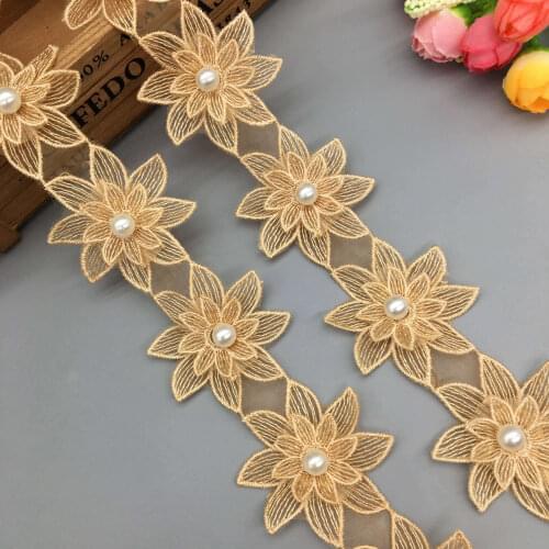 1 Yard Gold 3D Flower Pearl Beaded Lace Trim Applique Embroidered Lace Ribbon Sewing Craft For Wedding Dress Clothes Decoration