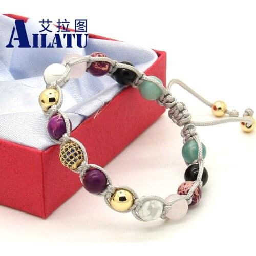 Ailatu Fashion Natural Stone with 9mm Blue Micro Paved CZ Beads Braiding Macrame Bracelet WoMens Girl Gift
