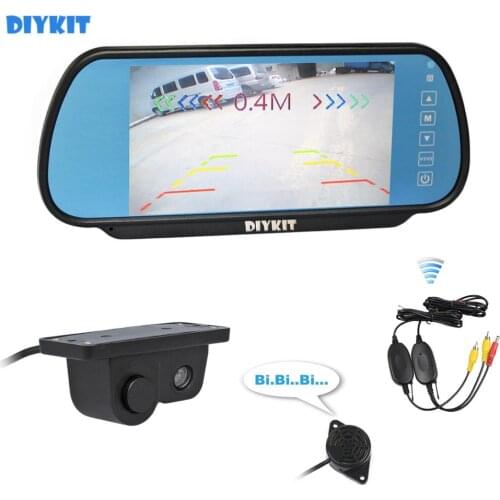 DIYKIT Wireless Parking System 7" Car Mirror Monitor Rear View Monitor Waterproof Parking Radar Sensor Rear View Car Camera