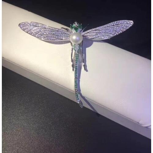 925 sterling silver with cubic zircon dragonfly brooch pins natural fresh water pearl 7-8MM perfect round fine women jewelry