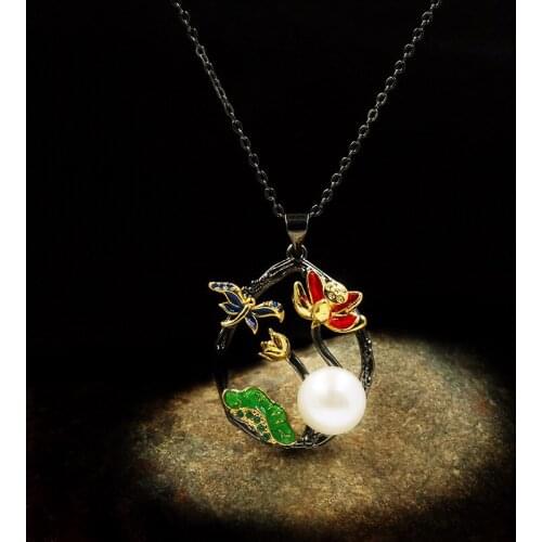 CHARLINLIOL Natural Freshwater Pearl Necklace Luxury 925 Sterling Silver Charms Lotus Flower Pendant Clavicle Choker Short Chain