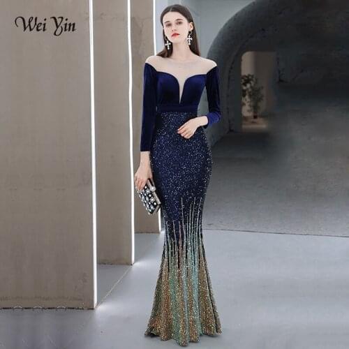 Weiyin AE0580 Long Evening Dresses Navy Blue Elegant Sparkle Mermaid O-neck Velvet Long Sleeve Wedding Guest Gowns Robe De Soire
