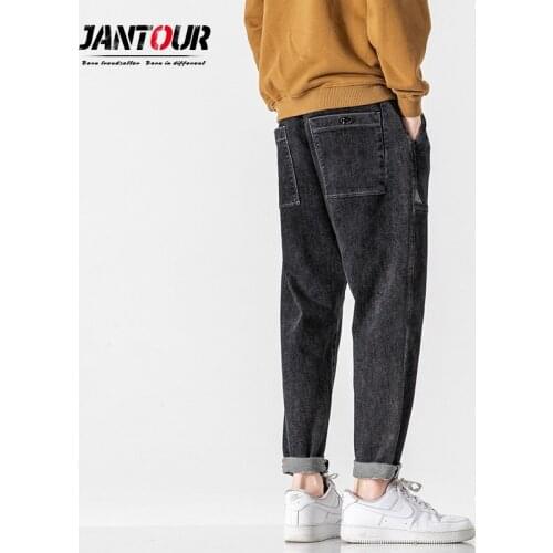 Big Pocket Patchwork Jeans Men Black Loose Straight Harem Pants Fashion Kpop Clothes Streetwear Wide Leg Denim Trousers Male