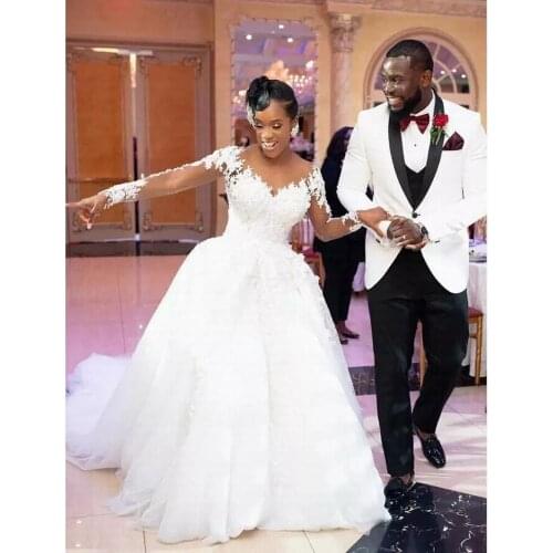 Elegant Sheer Neck Illusion Sleeve Wedding Dresses 2023 Princess Tulle Applique Lace South African Wedding Bridal Gowns Vestidos