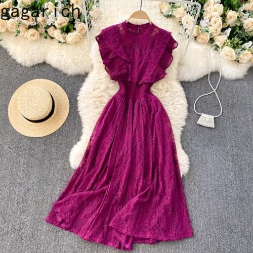 Gagarich Chic Dresses Woman Spring French Elegant Solid Temperament Folds Ruffles Fit-waist Slim Lace O-neck Sleeveless Vestidos