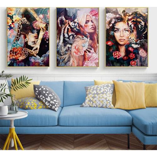Lady Animal Tiger Picture Home Decor Nordic Canvas Painting Wall Art Figure Print Minimalist Decor Posters for Living Room