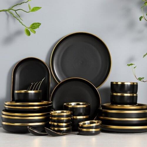Nordic ceramic black Phnom Penh rice bowl plate soup bowl fish disc plate spoon creative household tableware set serving platter