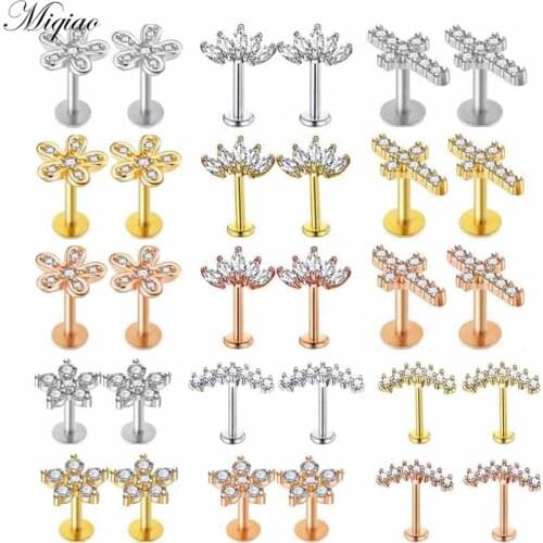 Miqiao 2pcs Explosion Style Stainless Steel Zircon Flower Straight Stud Earrings, Exquisite Piercing Jewelry