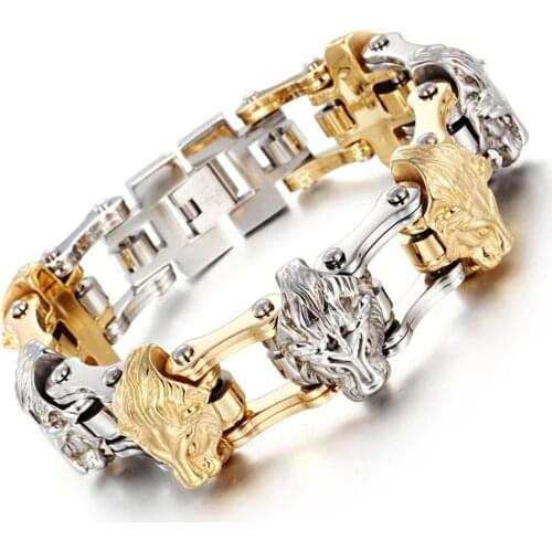 High Quality Trendy Stainless Steel Silver Color And Gold Motor Bicycle Chain Lion Head Mens Jewelry Bracelet Bangle Hot Gif