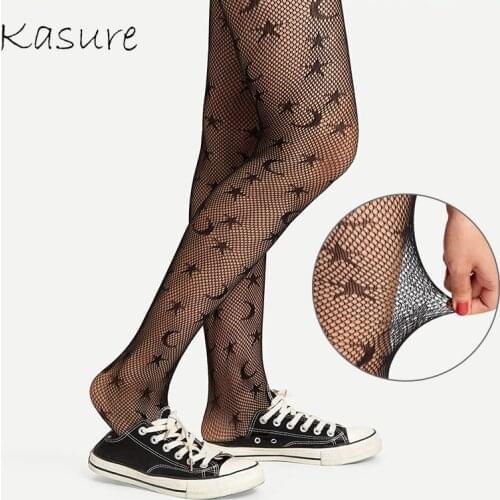 KASURE New Fashion Hacquard Starry Moon Star Tights For Women Micro Mesh Tight Transparent Star Moon Patterned Tights For Lady