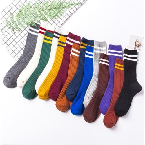 New Fashion Womens Long Socks Women College Style Stripes Sock Cotton Kawaii Cute White Calf Length Crew Socks Dropship