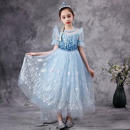 Snow Queen Cosplay Girls Dress Summer Mesh Casual Birthday Party Costume Cute Princess Dress 3 4 5 6 7 8 9 10 Years Kids Clothes