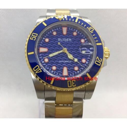 Sapphire Crystal BLIGER 40MM Blue Dial Mens Watch Ceramic Bezel Gold Plated Stainless Steel Case MIYOTA Automatic Movement