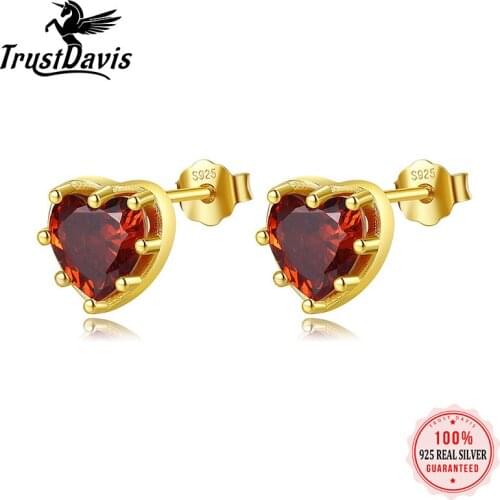 ElfoPlataSi Real 925 Sterling Silver Red Heart CZ Charm Stud Earring For Women Weeding Birthday Gift Girls Daughter Jewerly L010