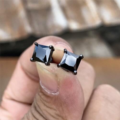 6MM Square Black Stone Stud Earrings For Women Men Hip Hop Jewelry Vintage Fashion Black Gold Zircon Engagement Promise Earrings