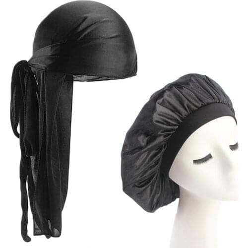 Silky Durag and Bonnet Set Unisex Solid Color MenS long Tail Pirate Hat Women Hair Styling Night Sleep Cap Head Cover Satin Hat