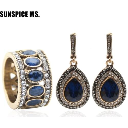 Sunspicems Turkish Women Vintage Dangle Earring Ring Sets Antique Gold Color Ethnic Banquet Caftan Jewelry Gift