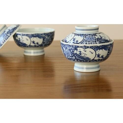 Burning landscape best view tower of blue and white soup bowl with cover bowl Japanese ceramic rainbow noodle bowl