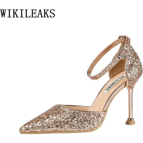 Fashion Glitter Heels Pointed Toe Pumps Women Shoes Mary Jane Shoes Fetish High Heels Stiletto Shoes Woman High Heel Tacones