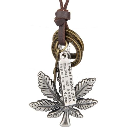 NIUYITID Vintage Maple Leaf Pendant Necklace Men Metal Chain Leather Adjustable Retro Jewelry Boys Necklaces collares hombre