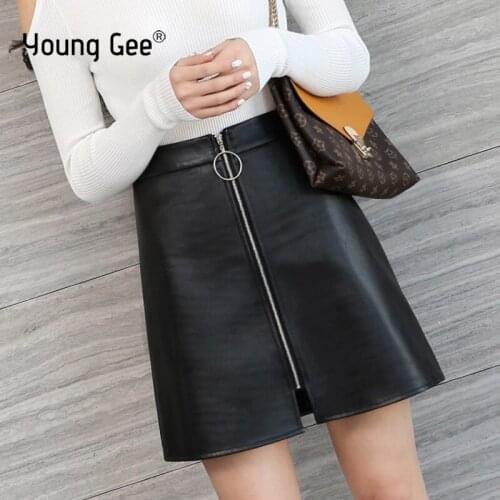 Young Gee Solid Pure High Waist Leather Mini Skirt Women 2021 Spring Zipper Korean Ladies Black Basic Daily PU Skirts faldas