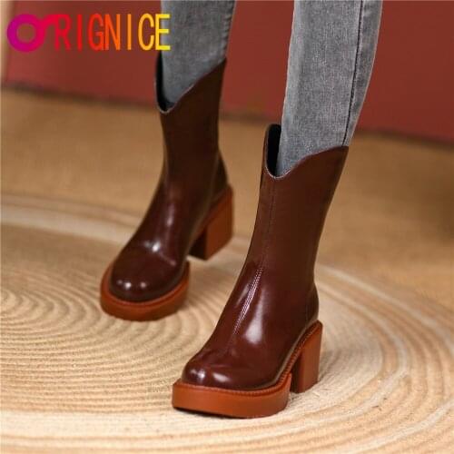Orignice Women Top Quality Leather Platform Square High Heel Western Ankle Boots Fashion Round Toe Autumn Winter Zip Party Shoes