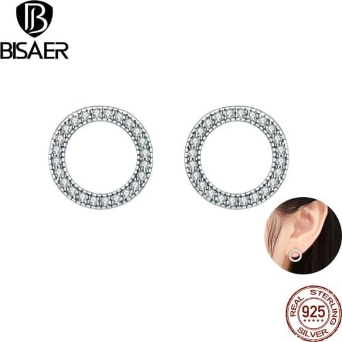 BISAER Fashion 925 Sterling Silver Clear CZ Forever Circle Earrings Round Stud Earrings for Women Fashion Earrings 2019 ECE417