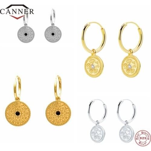 CANNER Real 925 Sterling Silver Hoop Earrings For Women Luxury Fashion Flower Embossed Coin Piercing Earring Jewelry Pendientes