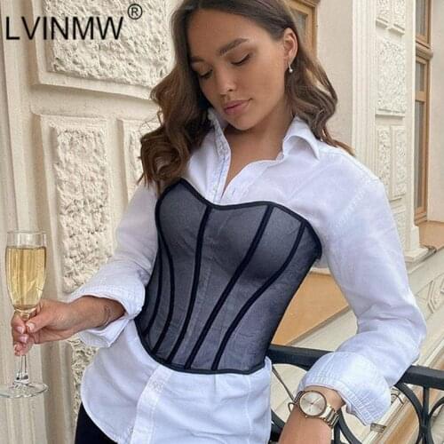 LVINMW Back Lace Up Strapless Sleeveless Skinny Solid Women Corsets See Through Sexy Slim Patchwork Black Girdles Outfits Street