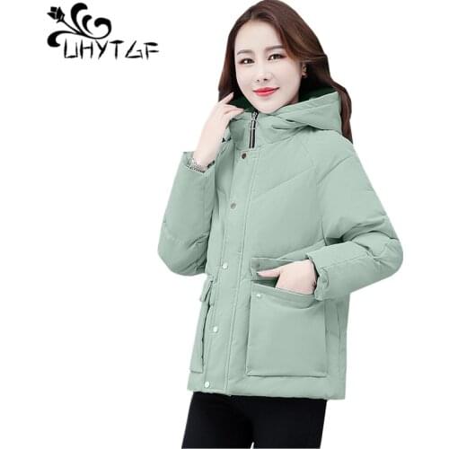 UHYTGF Womens down jacket Hooded cold warm winter coat solid color wild short parka women casual loose 2XL plus size coats 1121