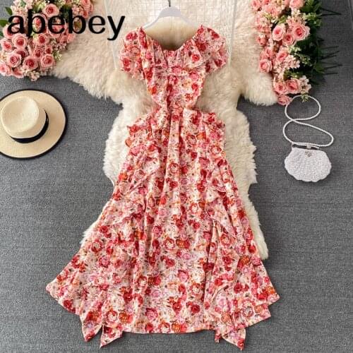 2021 New Summer Temperament V-neck short sleeve Dress backless high waist pleated Ruffles mid-length big skirt Dress